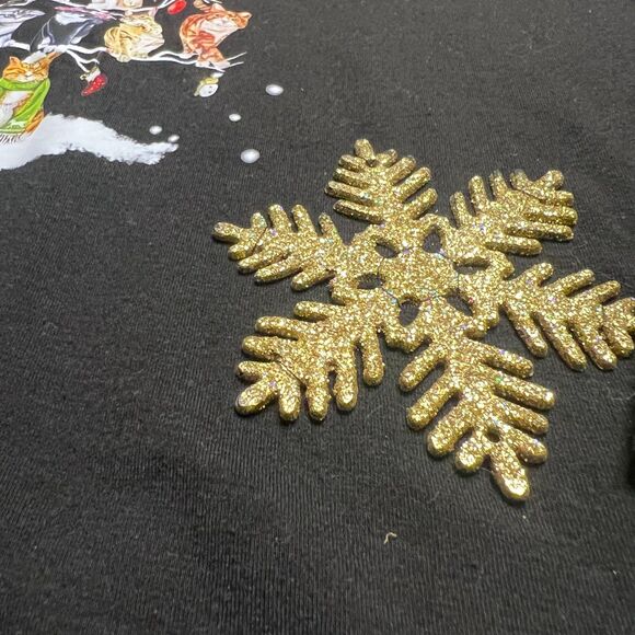 NoraCora Holiday Christmas Tree Cat Print Black Top T-Shirt M Gold snowflakes - Picture 9 of 10